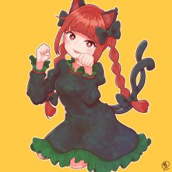 Rule 34 | 1girl, :3, animal ear fluff, animal ears, black bow, black dress, blunt bangs, blush, bow, braid, bright pupils, cat ears, cat tail, dress, fang, hair bow, head tilt, highres, juliet sleeves, kaenbyou rin, kneeling, long hair, long sleeves, looking at viewer, multiple tails, nekomata, orange background, outline, parted lips, paw pose, puffy sleeves, red eyes, red hair, sidelocks, signature, simple background, solo, tail, touhou, twin braids, twintails, two tails, white outline, white pupils, zanasta0810