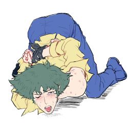 Rule 34 | 1boy, bdsm, blush, bondage, bound, cowboy bebop, green hair, highres, male focus, one eye closed, pants, spike spiegel, tagme, tongue, tongue out, white background