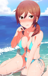 Rule 34 | 1girl, abmayo, absurdres, adjusting clothes, adjusting swimsuit, aqua bikini, arm between legs, beach, bikini, blush, breasts, brown eyes, brown hair, cleavage, cloud, day, embarrassed, feet, feet out of frame, hairband, highres, horizon, joshikousei no mudazukai, kikuchi akane, looking at viewer, md5 mismatch, medium breasts, navel, ocean, open mouth, outdoors, partially submerged, shiny skin, side-tie bikini bottom, sitting, sky, solo, swimsuit, thighs, toes, twintails, wariza, water, wet