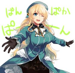Rule 34 | 10s, 1girl, atago (kancolle), bad id, bad pixiv id, black gloves, blonde hair, blue eyes, bow, breasts, gloves, hat, kantai collection, large breasts, long hair, long sleeves, migihidari (puwako), one eye closed, open mouth, outstretched arms, overskirt, pan-pa-ka-paaan!, pantyhose, personification, shirt, skirt, smile, solo, very long hair, wink