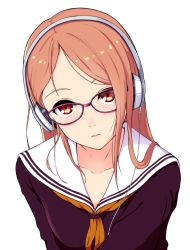 Rule 34 | 1girl, blush, brown hair, collarbone, commentary request, copyright request, glasses, headphones, hi iro, highres, long hair, looking at viewer, neckerchief, nose blush, orange neckerchief, parted lips, pink-framed eyewear, purple shirt, red eyes, sailor collar, school uniform, serafuku, shirt, simple background, solo, upper body, white background, white sailor collar