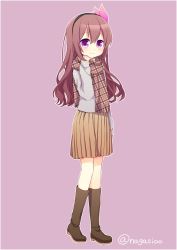 Rule 34 | 1girl, alpha signature, alternate costume, boots, brown hair, casual, diadem, full body, kantai collection, kisaragi (kancolle), knee boots, long hair, nagasioo, pink background, plaid, plaid scarf, pleated skirt, purple eyes, scarf, skirt, smile, solo, standing, sweater, twitter username