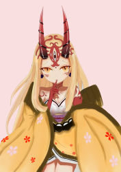 Rule 34 | 1girl, absurdres, blonde hair, fate/grand order, fate (series), finger to mouth, floral print, highres, horns, ibaraki douji (fate), japanese clothes, kimono, long hair, looking at viewer, monster girl, oni, pink background, simple background, slit pupils, tattoo, yellow eyes