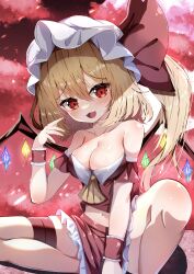 Rule 34 | 1girl, :3, absurdres, bare shoulders, blonde hair, breasts, collarbone, commentary request, crystal, dfra, flandre scarlet, hat, hat ribbon, highres, large breasts, looking at viewer, mob cap, navel, one side up, open mouth, oppai loli, red eyes, red ribbon, red skirt, ribbon, sitting, skirt, solo, squatting, touhou, white headwear, wings, wrist cuffs
