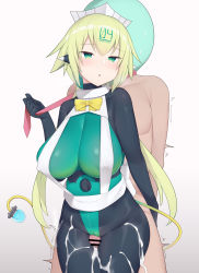 Rule 34 | 1boy, 1girl, absurdres, arapi, bar censor, bombergirl, breasts, censored, clothed female nude male, clothed sex, covered erect nipples, cum, cum on clothes, cum on legs, emera (bombergirl), from behind, green eyes, green hair, highres, large breasts, large penis, long hair, nude, penis, robot, robot girl, rubbing, thigh sex, twintails