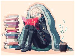 Rule 34 | 1boy, android, animal ears, black gloves, black pants, blanket, blue eyes, book, book stack, cheer (cheerpuppy14), commentary, danganronpa (series), danganronpa v3: killing harmony, english commentary, fake animal ears, full body, gloves, grey eyes, grey footwear, hair between eyes, holding, holding book, k1-b0, male focus, musical note, open book, pants, pillow, radio, reading, silver hair, sitting, solo, under covers