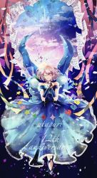 Rule 34 | 1girl, ankle strap, anniversary, ayuri, back bow, blue dress, blue footwear, blue gloves, bob cut, bow, circlet, closed mouth, confetti, copyright name, dress, closed eyes, full body, gloves, gradient sky, hands on own chest, heart, highres, long dress, nanami haruka, off-shoulder dress, off shoulder, own hands together, pink hair, sheet music, shoes, short hair, sky, smile, solo, star (symbol), straight-on, streamers, uta no prince-sama