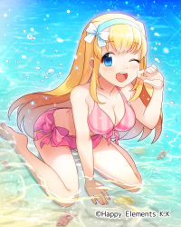 Rule 34 | 1girl, :d, ;d, arm support, barefoot, beach, between legs, bikini, bikini skirt, blonde hair, blue eyes, breasts, cleavage, ensemble girls!, front-tie top, hairband, hand between legs, highres, kobato azusa, long hair, md5 mismatch, medium breasts, official art, one eye closed, open mouth, original, outdoors, partially submerged, pink bikini, resolution mismatch, side-tie bikini bottom, sitting, smile, solo, source smaller, sparkle, swimsuit, very long hair, wariza, water, water drop, watermark, wink