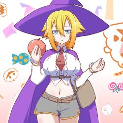 Rule 34 | 1girl, apple, bag, blazblue, blonde hair, blue eyes, breasts, candy, cape, es (xblaze), food, fruit, hat, large breasts, navel, shorts, solo, witch hat