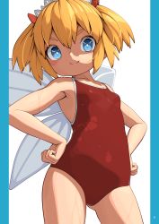 Rule 34 | 1girl, armpits, blue eyes, brown hair, casual one-piece swimsuit, fairy, fairy wings, gluteal fold, hands on own hips, highres, huxiao (mistlakefront), looking at viewer, one-piece swimsuit, red one-piece swimsuit, ribbon, short hair, smile, solo, sunny milk, swimsuit, thighs, touhou, two side up, wings