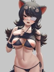 1girl :d animal_ears australian_devil_(kemono_friends) bare_arms bare_shoulders bikini black_bikini black_hair black_tank_top breasts brown_eyes cleavage clothes_lift collarbone commentary cowboy_shot deku_suke drawstring ears eyepatch fang flipped_hair grey_background hand_on_own_chest highres kemono_friends large_breasts long_hair looking_at_viewer lowleg lowleg_bikini medical_eyepatch navel nipples one_eye_covered open_mouth shirt_lift side-tie_bikini_bottom simple_background skin_fang smile solo stomach string_bikini swimsuit tail tank_top tasmanian_devil_ears wrist_wrap