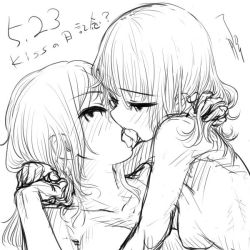 Rule 34 | 2girls, french kiss, greyscale, kiss, long hair, monochrome, multiple girls, nude, original, ryou (shirotsumesou), sketch, upper body, yuri