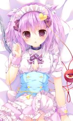 Rule 34 | 1girl, :&lt;, animal ears, blush, bra, breasts, cat ears, cedama, chain, chestnut mouth, corset, cowboy shot, dakimakura (medium), drooling, empty eyes, frills, gluteal fold, hair between eyes, hair ornament, heart, heart hair ornament, highres, kinokomushi, komeiji satori, leash, looking at viewer, lying, maid, maid headdress, on back, open mouth, panties, pantyshot, purple bra, purple eyes, purple hair, saliva, short sleeves, skirt, small breasts, solo, third eye, touhou, twintails, underwear, upskirt, white panties, white skirt, wrist cuffs