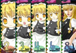 Rule 34 | 1girl, blonde hair, buttons, chibi, child, comparison, dress, female focus, hair ribbon, hat, head, kirisame marisa, multiple persona, multiple views, aged up, ribbon, touhou, tress ribbon, witch hat, yellow eyes, aged down