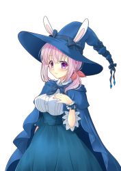 Rule 34 | 1girl, animal ears, blue cape, blue hat, blue skirt, breasts, cape, collared shirt, commentary request, eyebrows hidden by hair, hair between eyes, hair ribbon, hand on own chest, hat, high-waist skirt, kayura yuka, long sleeves, looking at viewer, medium breasts, medium hair, original, pink hair, purple eyes, rabbit ears, red ribbon, ribbon, scrunchie, shirt, short ponytail, sidelocks, simple background, skirt, smile, solo, upper body, white background, white shirt, witch hat
