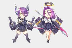 Rule 34 | &gt;:), 10s, 2girls, ;), black dress, black necktie, black skirt, breasts, chibi, dress, eyepatch, full body, glaive (polearm), gloves, grin, hair intakes, halo, headgear, holding, holding sword, holding weapon, kantai collection, large breasts, looking at viewer, mechanical halo, multiple girls, necktie, one eye closed, partially fingerless gloves, polearm, purple eyes, purple hair, school uniform, short hair, skirt, smile, sword, tatsuta (kancolle), tenryuu (kancolle), torpedo tubes, turret, v-shaped eyebrows, weapon, yellow eyes, yuuji (and)