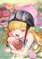 Rule 34 | 1girl, absurdres, bakemonogatari, bandaid, bandaid on knee, bandaid on leg, barefoot, blonde hair, blush, bracelet, breasts, commentary request, convenient censoring, cup, doughnut, downblouse, dress, eyelashes, fangs, flower, food, frilled dress, frills, full body, goggles, goggles on headwear, helmet, highres, jewelry, legs, legs together, long hair, looking at viewer, lying, monogatari (series), no bra, on ground, on stomach, open mouth, oshino shinobu, pink dress, short dress, sidelocks, sleeveless, sleeveless dress, small breasts, soles, solo, strap slip, taguchi shouichi, teacup, thighs, toes, tongue, yellow eyes