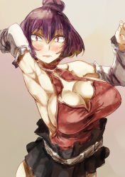 Rule 34 | 1girl, adapted costume, arm up, armpits, bare shoulders, blush, breasts, cleavage, clenched hand, detached collar, fang, hair bun, halterneck, large breasts, looking at viewer, microskirt, open mouth, purple hair, red eyes, short hair, single hair bun, skirt, solo, touhou, upper body, yasaka kanako, yohane
