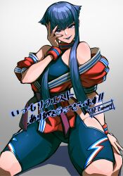 Rule 34 | 1girl, absurdres, ap cammy, blue eyes, blue hair, dougi, hand on own face, highres, hime cut, hip vent, manon legrand, martial arts belt, off shoulder, official alternate costume, official alternate hair color, short hair with long locks, sidelocks, solo, spandex, street fighter, street fighter 6, wristband