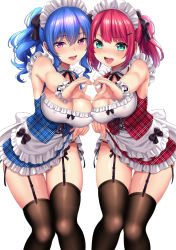 Rule 34 | 2girls, :d, apron, aqua eyes, black legwear, black neckwear, black ribbon, blue hair, blush, breast press, breasts, cleavage, clothes lift, covered erect nipples, frilled headband, frilled skirt, frills, garter straps, hair ornament, hair ribbon, hairclip, headdress, heart, heart hands, heart hands duo, kase daiki, large breasts, looking at viewer, maid, maid headdress, mole, mole under mouth, multiple girls, open mouth, original, panty straps, pink eyes, plaid, plaid skirt, ponytail, red hair, ribbon, simple background, skindentation, skirt, skirt lift, sleeveless, smile, thigh gap, thighhighs, thighs, underwear, wrist cuffs