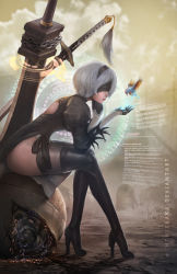 Rule 34 | 1girl, animal, backless dress, backless outfit, bird, black dress, black footwear, black gloves, black hairband, black ribbon, black thighhighs, blindfold, boots, breasts, broadsword, broken, chain, chue yang, cloud, cloudy sky, covered eyes, deviantart username, dress, electricity, feather-trimmed sleeves, feather trim, from side, full body, gloves, greatsword, groin, hairband, hand on own chin, head rest, high heel boots, high heels, highleg, highleg leotard, highres, hologram, holographic interface, huge weapon, juliet sleeves, katana, leotard, long sleeves, machinery, medium breasts, nier (series), nier:automata, no mole, nose, outdoors, parted lips, pod (nier:automata), puffy sleeves, red lips, ribbon, robot, short dress, short hair, side slit, silver hair, sitting, sky, solo, sword, tassel, thigh boots, thighhighs, vambraces, watermark, weapon, web address, white leotard, 2b (nier:automata)