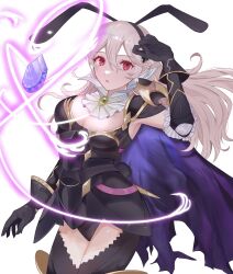 Rule 34 | 1girl, animal ears, armor, ascot, black panties, breasts, cape, cleavage, corrin (female) (fire emblem), corrin (fire emblem), dragonstone, fffera, fire emblem, fire emblem fates, fire emblem heroes, hair between eyes, hair ornament, hairband, highres, leotard, long hair, medium breasts, nintendo, official alternate costume, open mouth, panties, pointy ears, rabbit ears, red eyes, smile, solo, torn cape, torn clothes, underwear, white hair