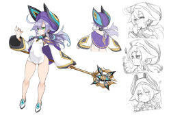 Rule 34 | 1girl, ahoge, ass, bare legs, blush, breasts, character sheet, closed mouth, commentary request, covered navel, detached sleeves, dress, female focus, full body, green eyes, hair between eyes, hair flaps, hat, highres, holding, holding staff, legs, long hair, long sleeves, multiple views, nada haruka, original, ponytail, purple hair, shoes, side slit, sidelocks, simple background, small breasts, staff, standing, thick thighs, thighs, white background, white dress, wide sleeves