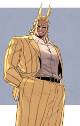 Rule 34 | 1boy, all might, antenna hair, belt, black belt, black sclera, blonde hair, boku no hero academia, collared shirt, colored sclera, commentary, cowboy shot, dress shirt, formal, grey background, grin, hands in pockets, highres, jacket, looking at viewer, male focus, open clothes, open jacket, pants, shirt, shishanmo, short hair, simple background, smile, solo, standing, striped suit, suit, suit jacket, teeth, white shirt, yellow jacket, yellow pants, yellow suit
