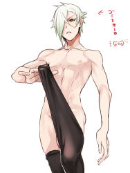 Rule 34 | 10s, 1boy, abs, adjusting clothes, black thighhighs, convenient censoring, fang, green hair, hair over one eye, hizamaru (touken ranbu), male focus, muscular, nipples, nude, pectorals, simple background, socks, solo, thighhighs, touken ranbu, undressing, white background, yellow eyes, zuwai kani