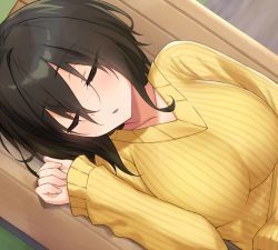 Rule 34 | 1girl, bad id, bad pixiv id, black hair, breasts, cccpo, collarbone, commentary, eyebrows, closed eyes, eyes visible through hair, hair between eyes, hand up, large breasts, long sleeves, lying, on back, open mouth, original, ribbed sweater, short hair, sleeping, solo, sweater, upper body, yellow sweater