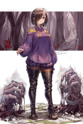 Rule 34 | 1girl, boots, breasts, brown hair, commentary, cuffs, full body, high heel boots, high heels, highres, horns, long sleeves, looking at viewer, mole, mole under eye, original, pantyhose, parted lips, puffy long sleeves, puffy shorts, puffy sleeves, purple eyes, short hair, shorts, signature, single horn, solo, standing, suzuno (bookshelf), symbol-only commentary, thigh boots, thighhighs, thighhighs over pantyhose