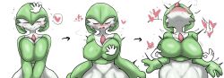 Rule 34 | blush, breast press, breasts, breasts squeezed together, closed eyes, creatures (company), enigi09, game freak, gardevoir, gen 3 pokemon, grabbing, grabbing another&#039;s breast, green hair, head back, headpat, heart, highres, large breasts, looking at viewer, medium hair, monster girl, nintendo, open mouth, pokemon, pov, pov hands, simple background, smile, speech bubble, tongue, tongue out, white background