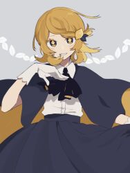Rule 34 | 1girl, ascot, black ascot, black bow, black bowtie, black skirt, blonde hair, bow, bowtie, cape, collared shirt, diamond-shaped pupils, diamond (shape), gloves, grin, hair ornament, hand up, highres, looking at viewer, maco22, original, shirt, short hair, simple background, skirt, smile, solo, symbol-shaped pupils, white gloves, white shirt, yellow eyes