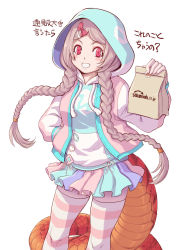Rule 34 | 1girl, amazon tree boa (kemono friends), bag, blue hoodie, blue skirt, blush, bow, braid, commentary request, cowboy shot, drawstring, hair bow, hand in pocket, highres, hood, hood up, hoodie, kemono friends, kemono friends 3, kosai takayuki, long hair, long sleeves, looking at viewer, multicolored clothes, multicolored skirt, official alternate costume, paper bag, pink hoodie, pink skirt, pink thighhighs, pleated skirt, purple skirt, red bow, red eyes, skirt, smile, solo, striped clothes, striped thighhighs, thighhighs, translation request, twin braids, two-tone legwear, white hair, white hoodie, white thighhighs, zettai ryouiki