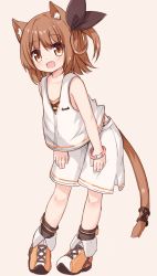 Rule 34 | 1girl, :d, animal ear fluff, animal ears, bare shoulders, black socks, blush, boots, brown background, brown eyes, brown footwear, brown hair, brown ribbon, cat ears, cat girl, cat tail, hair between eyes, hair ribbon, hands on thighs, leaning forward, long hair, looking at viewer, one side up, open mouth, original, ribbon, shirt, short shorts, shorts, simple background, smile, socks, solo, standing, tail, tail ornament, tank top, teeth, upper teeth only, white shirt, white shorts, yuuhagi (amaretto-no-natsu)