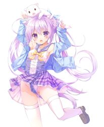 Rule 34 | 1girl, :&lt;, animal, animal ears, animal on head, armpits, arms up, blush, breasts, cardigan, cat, cat ears, cat girl, cat on head, cat tail, cedama, groin, hair between eyes, highres, hip focus, kinokomushi, light purple hair, loafers, long hair, looking at viewer, medium breasts, no panties, on head, open mouth, original, partially visible vulva, plaid, plaid skirt, pleated skirt, purple eyes, purple skirt, ribbon, school uniform, serafuku, shirt, shoes, skirt, sleeveless, sleeveless shirt, solo, tail, thighhighs, thighs, twintails, white background, white thighhighs, yellow ribbon