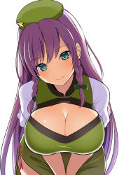 Rule 34 | 1girl, alternate hair color, amisu, beret, black bow, blush, bow, braid, breasts, cleavage, commentary request, dress, foul detective satori, green dress, green eyes, green hat, hair bow, hat, head tilt, highres, hong meiling, large breasts, leaning forward, long hair, looking at viewer, puffy short sleeves, puffy sleeves, purple hair, shirt, short sleeves, side slit, simple background, smile, solo, star (symbol), touhou, twin braids, upper body, v arms, white background, white shirt