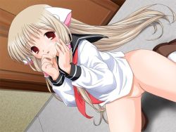 Rule 34 | 00s, 1girl, blonde hair, blush, brown eyes, chii, chobits, cum, facial, game cg, licking, pussy, school uniform, solo, uncensored