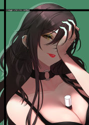Rule 34 | 1girl, absurdres, bare shoulders, between breasts, black choker, black dress, black hair, breasts, choker, cleavage, collarbone, commentary request, covering one eye, dress, ear piercing, eyeshadow, green background, highres, idolmaster, idolmaster shiny colors, large breasts, long hair, makeup, maou (demonlord), mature female, nail polish, o-ring, o-ring choker, parted lips, piercing, red lips, shirase sakuya, simple background, sleeveless, sleeveless dress, smile, solo, upper body, yellow eyes