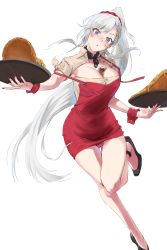Rule 34 | 1girl, absurdres, apron, azur lane, beige shirt, belfast (azur lane), belfast (piping-hot perfection) (azur lane), between breasts, black footwear, blue eyes, blush, braid, breasts, broken, broken chain, chain, cleavage, collar, collarbone, commentary request, cup, drinking glass, earrings, eyebrows hidden by hair, food, french braid, hair ornament, hair scrunchie, hairclip, head tilt, high heels, highres, holding, holding tray, jewelry, large breasts, long hair, low neckline, maid, nail polish, parted lips, pizza, ponytail, red apron, red nails, red scrunchie, sankyo (821-scoville), scrunchie, short sleeves, sidelocks, simple background, solo, standing, standing on one leg, strap slip, thigh gap, tray, white background, white hair, wrist cuffs