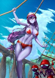 Rule 34 | 1girl, 2others, absurdres, adsouto, artist name, bandana, bare shoulders, bikini, blue sky, blush, breasts, cleavage, cloud, colored skin, dagger, day, dutch angle, gem, hand up, highres, jewelry, knife, midriff, multiple others, navel, outdoors, pirate, purple hair, purple skin, railing, red eyes, red headwear, rigging, risky boots, shantae (series), skull and crossbones, sky, standing, swimsuit, tinkerbat, tree, weapon