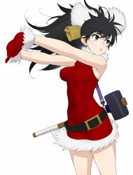 Rule 34 | 1girl, bell, belt, black belt, black hair, blue eyes, carrying, christmas, closed mouth, commentary, cowbell, dress, fur-trimmed dress, fur-trimmed gloves, fur trim, ganaha hibiki, gloves, hair bell, hair ornament, halterneck, hammer, highres, idolmaster, idolmaster (classic), interlocked fingers, light frown, long hair, looking to the side, outstretched arms, own hands together, ponytail, red dress, red gloves, santa dress, santa gloves, short dress, simple background, sledgehammer, solo, standing, wata do chinkuru, white background, wind