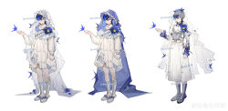 Rule 34 | 1girl, absurdres, androgynous, arm at side, bare legs, belt, black hair, blue butterfly, blue cape, blue eyes, blue footwear, blue theme, blue veil, bone, boots, bow, bug, butterfly, butterfly hair ornament, buttons, cape, chinese commentary, closed mouth, collared dress, commission, dress, dress bow, expressionless, fossil, full body, grey corset, grey flower, hair ornament, hair over one eye, hand up, highres, insect, juliet sleeves, long dress, long sleeves, looking at viewer, multiple views, original, puffy sleeves, short hair, simple background, solo, standing, udong rice, veil, watermark, white background, white belt, white bow, white cape, white dress, white footwear, white veil