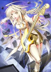 Rule 34 | 1girl, 440 (straight440), blonde hair, electric guitar, fender (company), fender stratocaster, guitar, hair ribbon, instrument, jewelry, long hair, looking at viewer, marshall, open mouth, original, pleated skirt, plectrum, ponytail, ribbon, skirt, solo, speaker, thighhighs, white thighhighs, yellow eyes