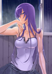 Rule 34 | 1girl, bare shoulders, blue eyes, blush, breasts, busujima saeko, camisole, casual, head rest, cleavage, fingernails, highschool of the dead, large breasts, long fingernails, long hair, looking at viewer, medium breasts, purple hair, rain, satou shouji, skirt, smile, solo, tank top, unbuttoned, window