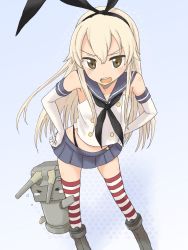 Rule 34 | 10s, 1girl, black panties, blonde hair, brown eyes, elbow gloves, gloves, hairband, hands on own hips, highleg, highleg panties, jack (wkm74959), kantai collection, long hair, microskirt, open mouth, panties, personification, rensouhou-chan, sailor collar, shimakaze (kancolle), skirt, sleeveless, solo, standing, striped clothes, striped thighhighs, thighhighs, underwear, white gloves