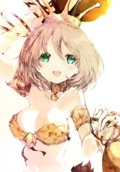 Rule 34 | 1girl, arm up, bangle, bare shoulders, bell, bracelet, breasts, brown hair, choker, cleavage, crown, fang, gold armlet, highres, holding, holding weapon, jewelry, jingle bell, kakuwashi, light blush, looking at viewer, medium breasts, open mouth, refrain no chika meikyuu to majo no ryodan, short hair, skin fang, smile, solo, standing, theatrical star, upper body, weapon, white background