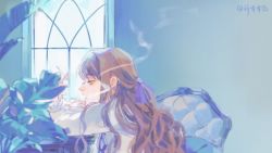Rule 34 | 1girl, allsinbad, blue eyes, brown hair, chinese commentary, cigarette, commentary request, earrings, fors wall, highres, indoors, jewelry, long hair, lord of the mysteries, plant, purple neckwear, resting, ribbon, seat, signature, smoke trail, smoking, solo, table, wall, window