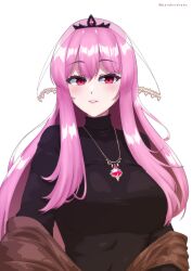 1girl absurdres black_sweater black_tiara highres hololive hololive_english jewelry long_hair mori_calliope necklace pandoo parted_lips pink_eyes pink_hair solo sweater tiara transparent_background turtleneck turtleneck_sweater twitter_username veil virtual_youtuber