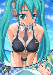 Rule 34 | 2girls, aqua eyes, aqua hair, beach, bikini, blush, blush stickers, breasts squeezed together, breasts, cloud, collar, day, dreaming, covered erect nipples, closed eyes, hachune miku, hatsune miku, headphones, headset, highres, large breasts, long hair, megurine luka, multiple girls, necktie, open mouth, outdoors, saliva, shu (la-placetick), sky, sleeping, swimsuit, takoluka, thigh gap, thighs, twintails, very long hair, vocaloid, water, wet